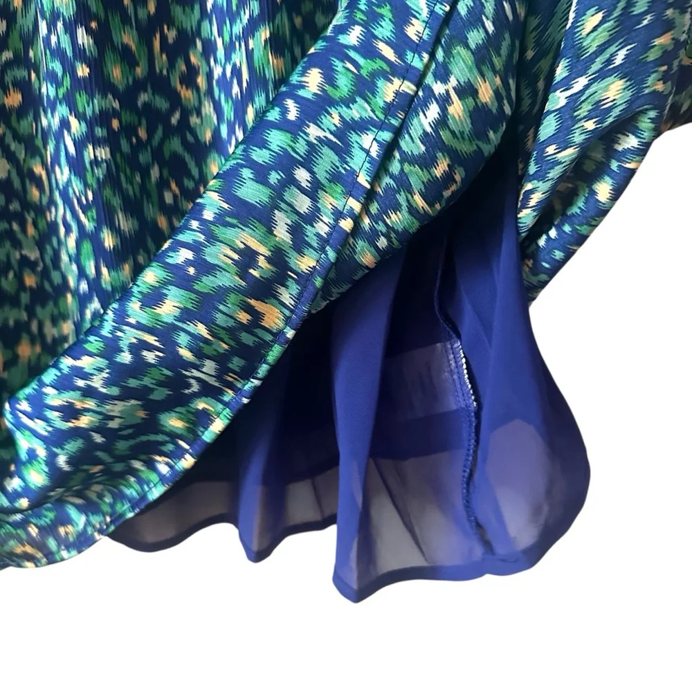 AnnieWear Los Angeles Boho Chiffon Blouse L Blue Green Ikat Ruffle Sleeve - Picture 6 of 10